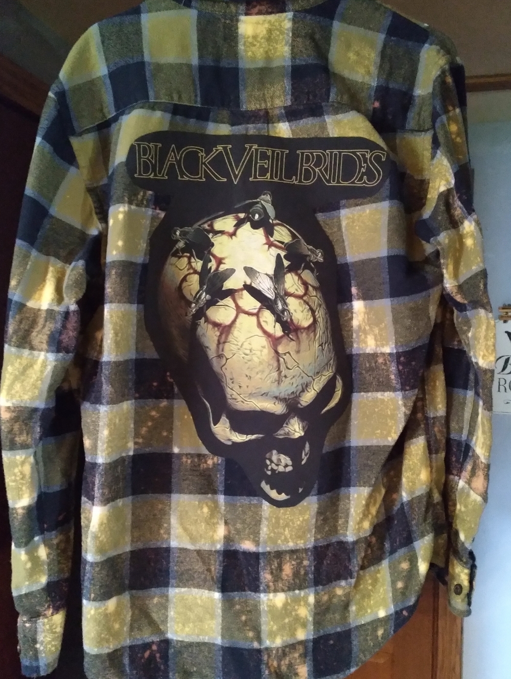 Upcycled Bleached Flannel Shirt W/ Vintage BLACK VEIL BRIDES back Patch